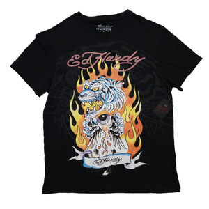ED HARDY Graphic Tee Men's Medium Fire Tiger Spellout Double Sided Y2K Style